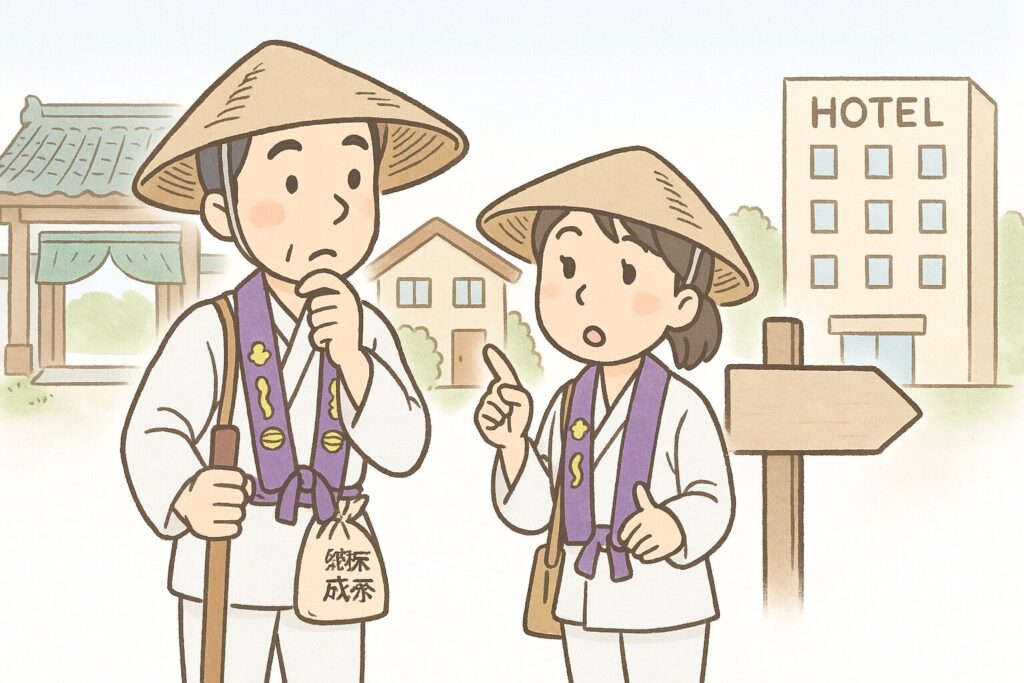 四国遍路で宿を比較し選択に迷う日本人巡礼者夫婦