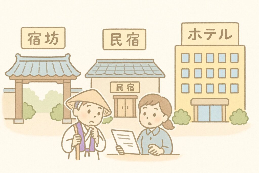 四国の宿坊と民宿とホテルを並べた比較イメージ