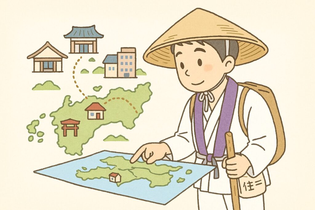 四国地図を見ながら宿泊計画を立てる日本人巡礼者