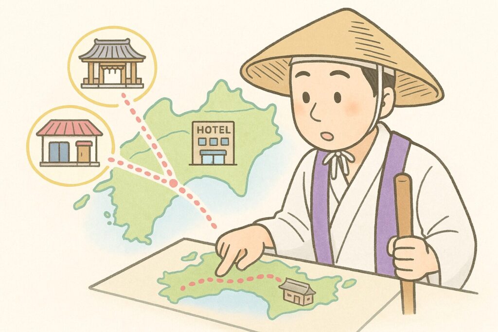 四国地図を見ながら宿泊計画を立てる日本人巡礼者