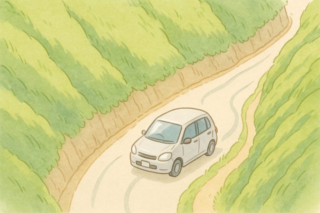 四国の険しい山間部で、一台のコンパクトカーがガードレールのない狭く曲がりくねった道を、安全運転でゆっくりと進んでいるイラスト。