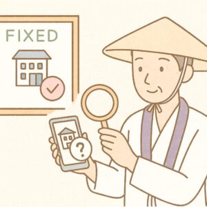 公式掲示とスマホの情報を見比べ拡大鏡で確認する日本人巡礼者を記号で表した比較イラスト