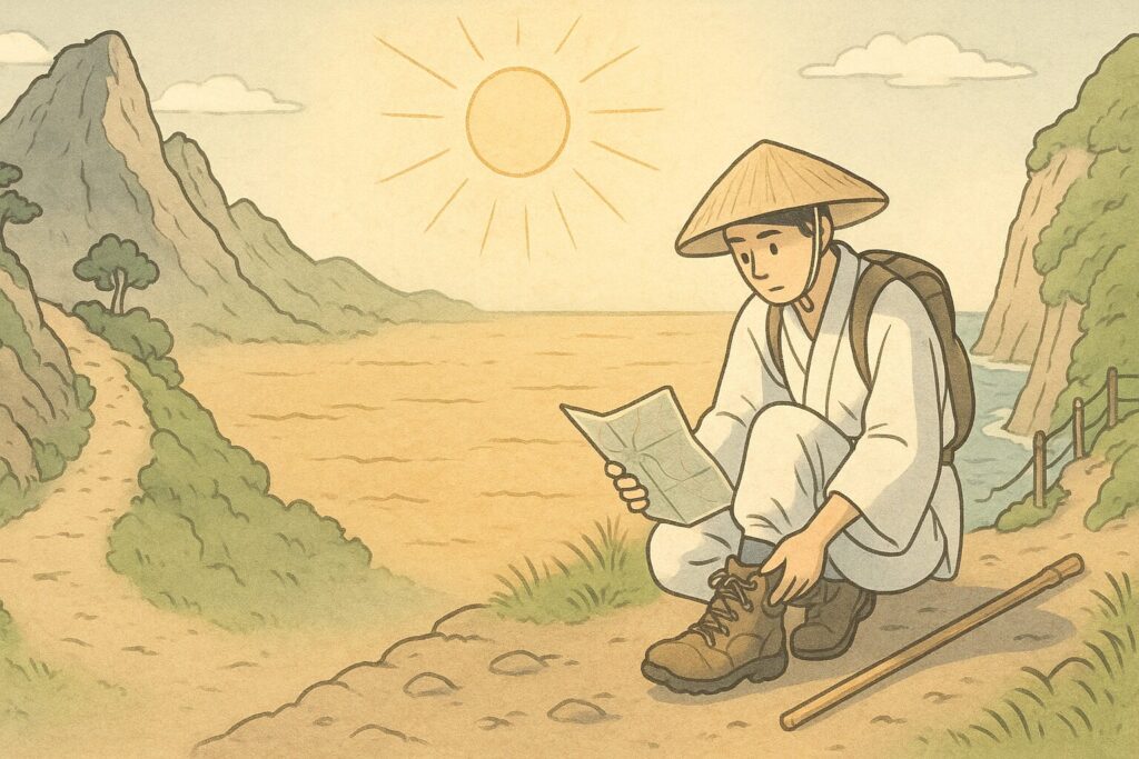 山道・平地・海岸を一つの画面で示し、遍路の過酷さを伝えるイラスト。