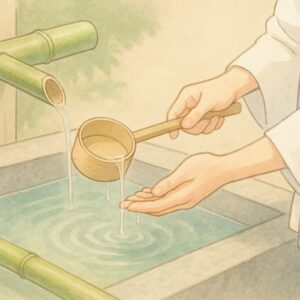 お寺の手水舎にて、お遍路さんが木製の柄杓を使い、作法に則って丁寧に手を清めている、清らかで落ち着いた雰囲気のイラスト。