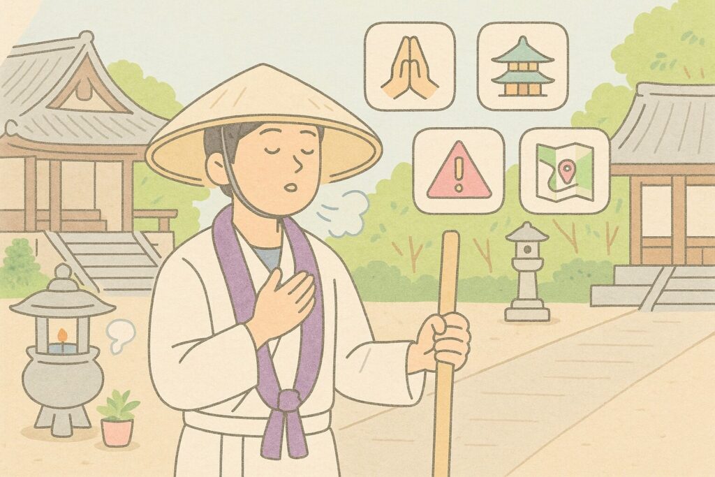 参拝マナーと安全計画のアイコンを確認し深呼吸する日本人巡礼者を寺院の中庭で描いたイラスト