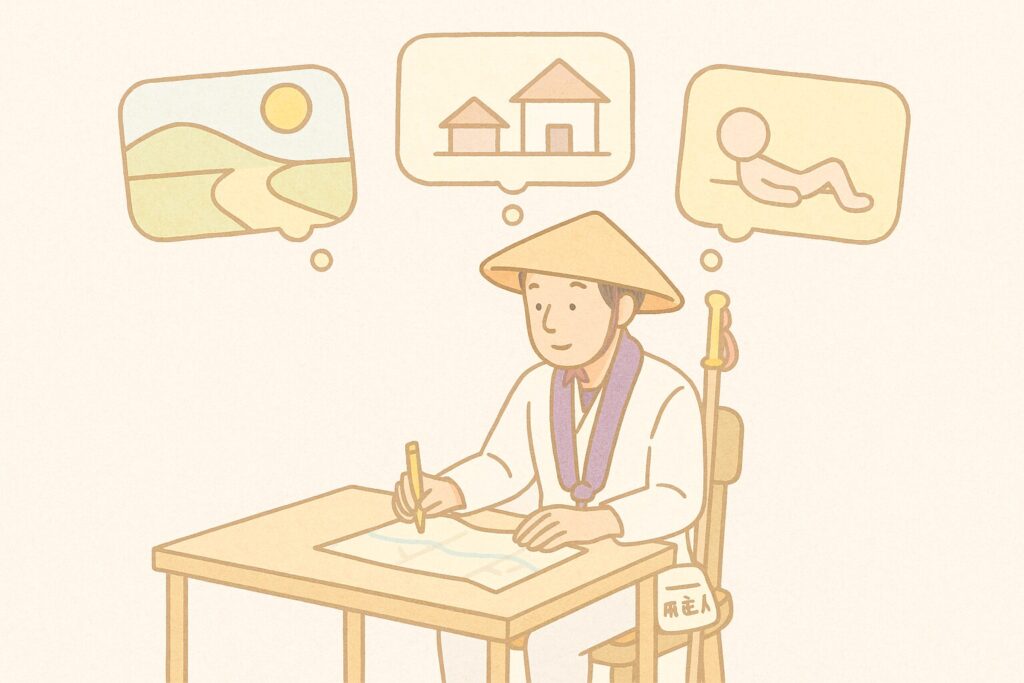 昼間行動や休養など環境要因を記号で示し安全計画を立てる日本人巡礼者の解説イラスト