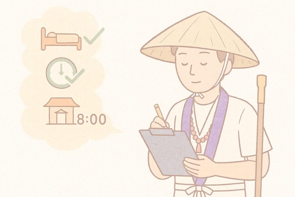 宿の設備や門限をアイコンで確認し到着時刻を確かめる日本人巡礼者の実務的イラスト