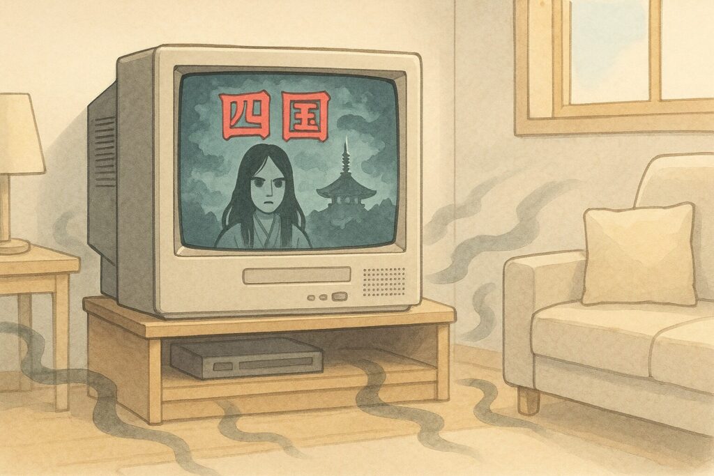 古いテレビ画面に映る四国を舞台にしたホラー映画のイメージから、噂を象徴する影の波紋が部屋に広がっていく様子のイラスト。