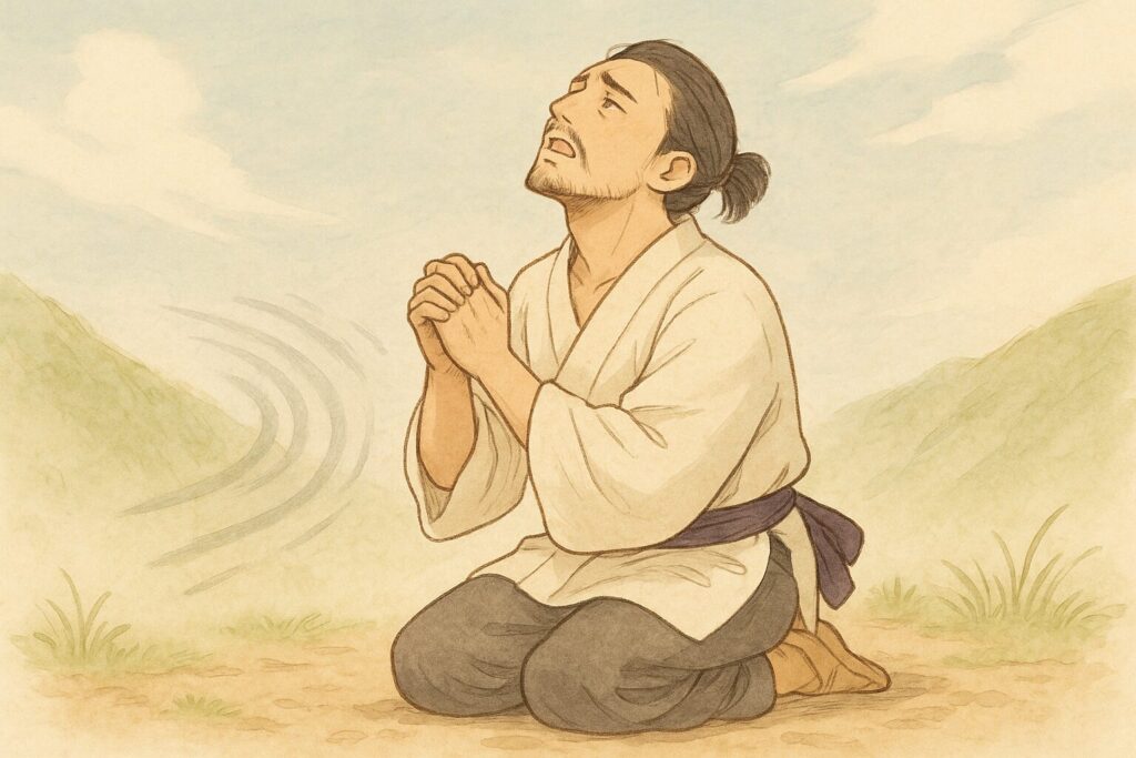 平安時代の衣装をまとった衛門三郎が、深い後悔と懺悔の表情を浮かべて空を見上げている、逆打ちの起源を物語るイラスト。