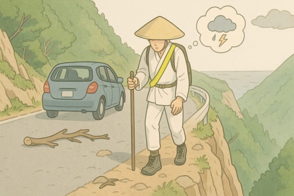 ガードレールのない狭い山道を車とお遍路が注意深く行き交う危険提示のイラスト。