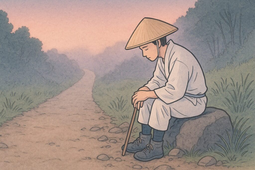 夕暮れの道端で孤独に向き合う巡礼者が心情を表すイラスト。