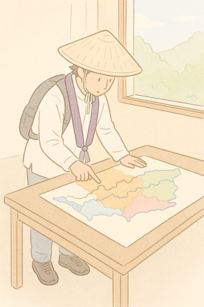 地図を区間ごとに色分けして計画を確認する日本人巡礼者を明快に示したイラスト
