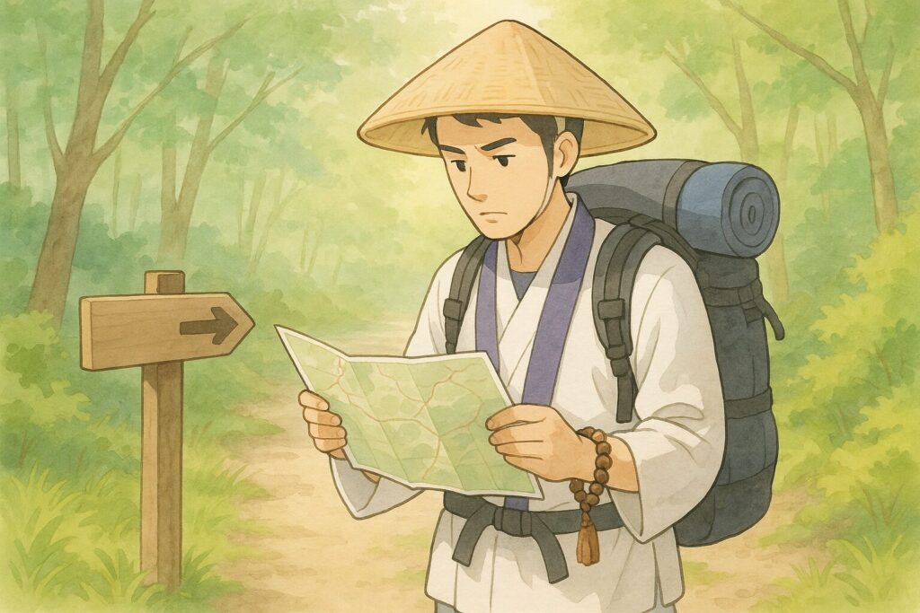 山道の途中で立ち止まったお遍路さんが、道標の隣で地図を広げ、これから進むルートを真剣な表情で確認している安全対策のイラスト。