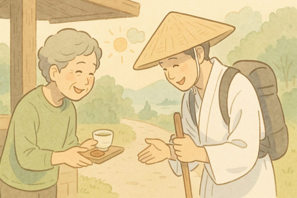 道端で地元の人が巡礼者に一服のお茶と笑顔を差し出すお接待のイラスト。