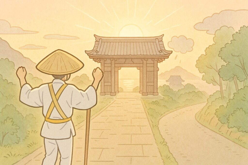 朝日に照らされて結願の寺の門にたどり着く巡礼者の感動的なイラスト。
