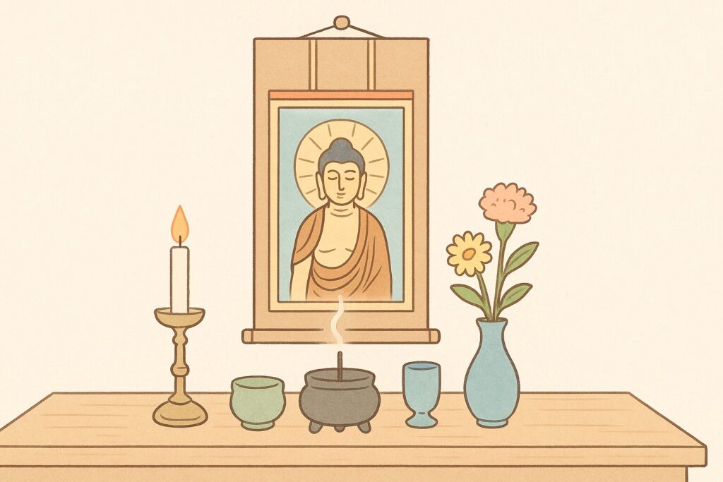 ご本尊と三具足が整然と並ぶ家庭の仏壇をやさしい色合いで描いたイラスト。