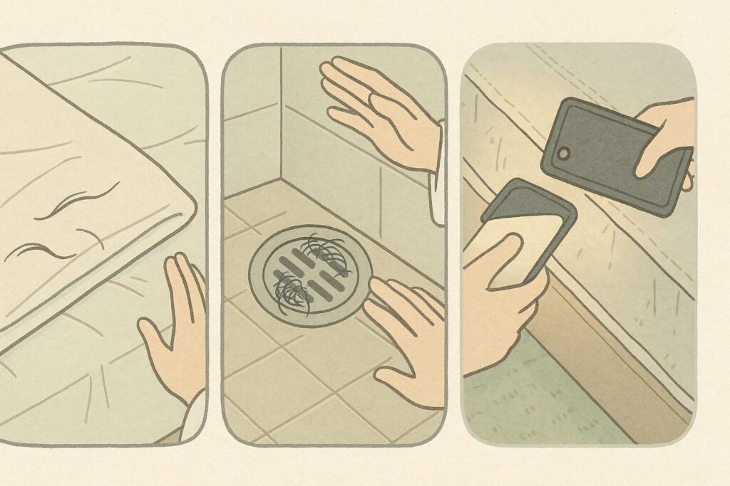 シーツや排水口、マットレスの縫い目をスマホライトで確認する手元を描いた衛生チェックのイラスト。
