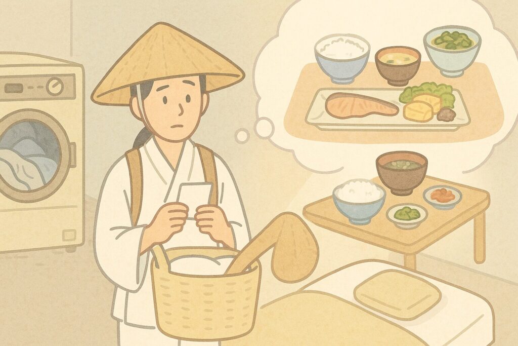 効きの悪い乾燥機と量が少ない夕食に肩を落とす巡礼者を描いた、設備と食事のがっかり感のイラスト。