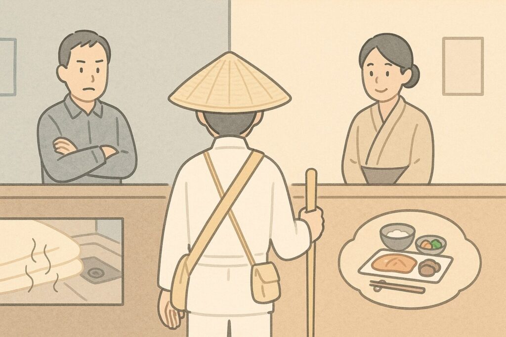 受付での無愛想な対応と丁寧な対応を左右対比し、宿主の態度が印象を左右することを表すイラスト。