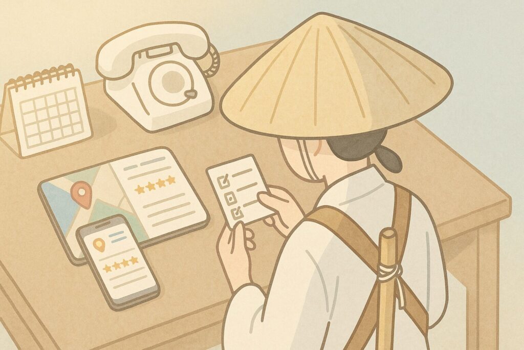 地図と口コミを見比べ、電話確認やチェックリストで宿を吟味する計画シーンのイラスト。